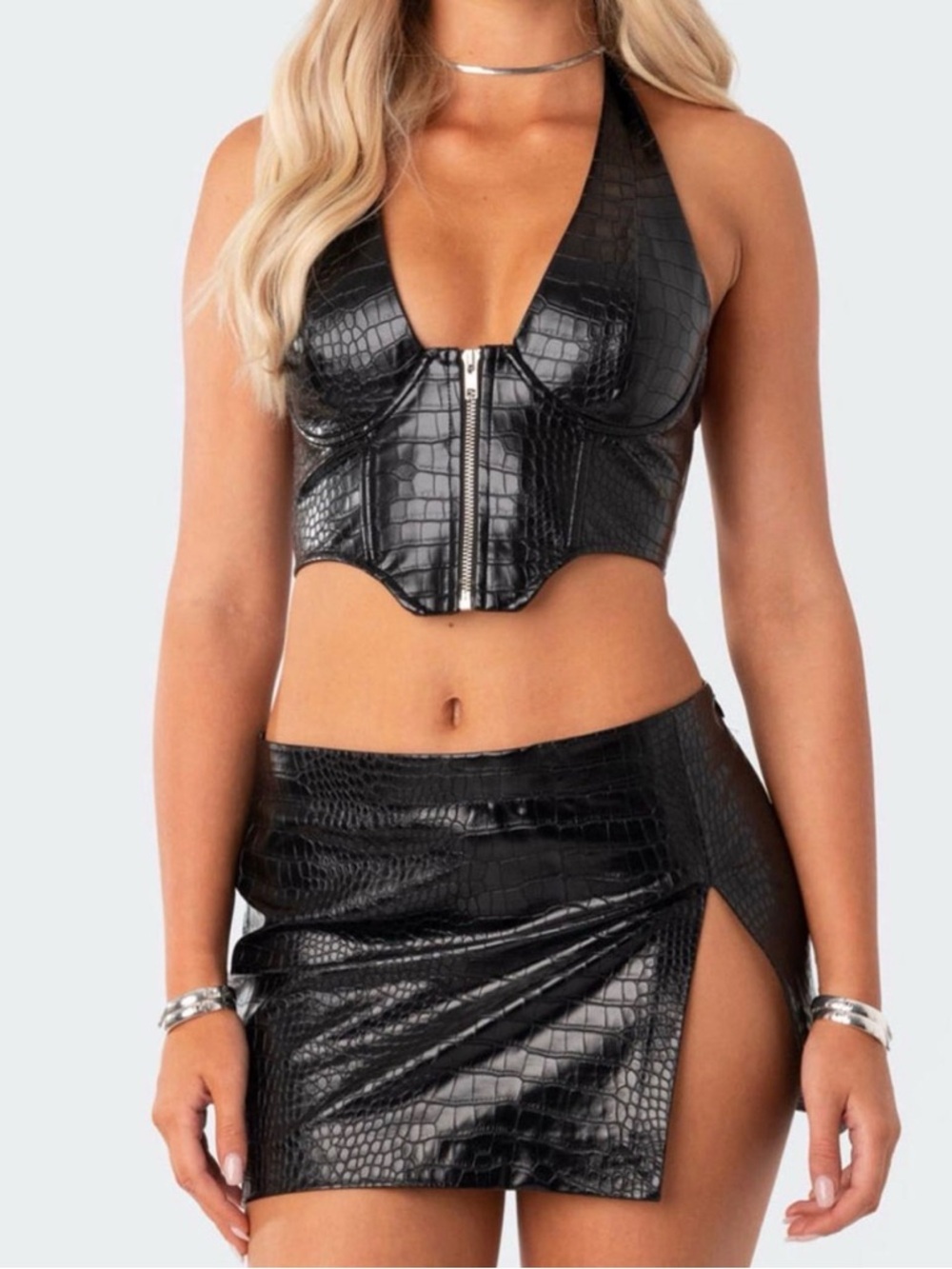 Edikted Black Croc-Embossed Halter Zip Crop Top and Mini Skirt Set